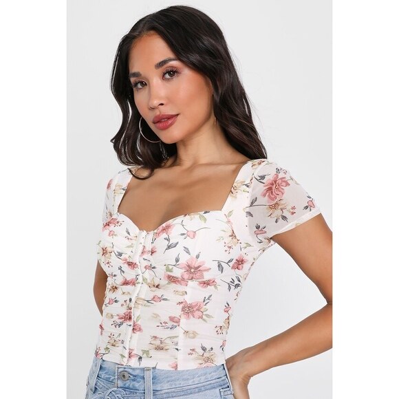 Lulus Sweeter Vibes Ivory Floral Mesh Short Sleeve Bustier Crop Top White - Picture 1 of 1
